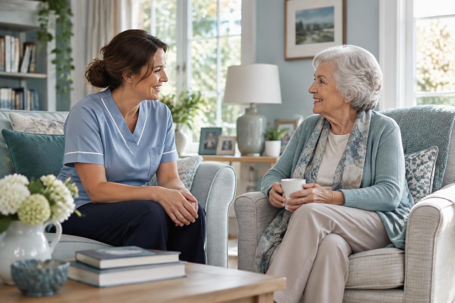 A caregiver sharing a warm conversation with an older woman at home