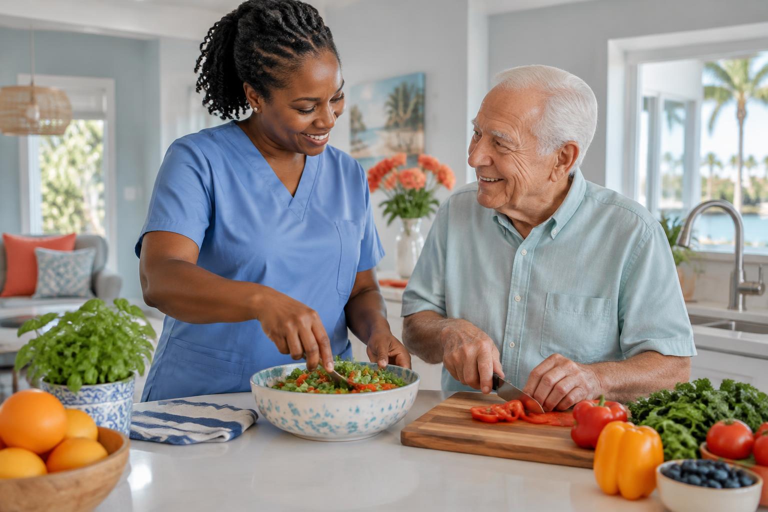 A caregiver and older man preparing a healthy meal together